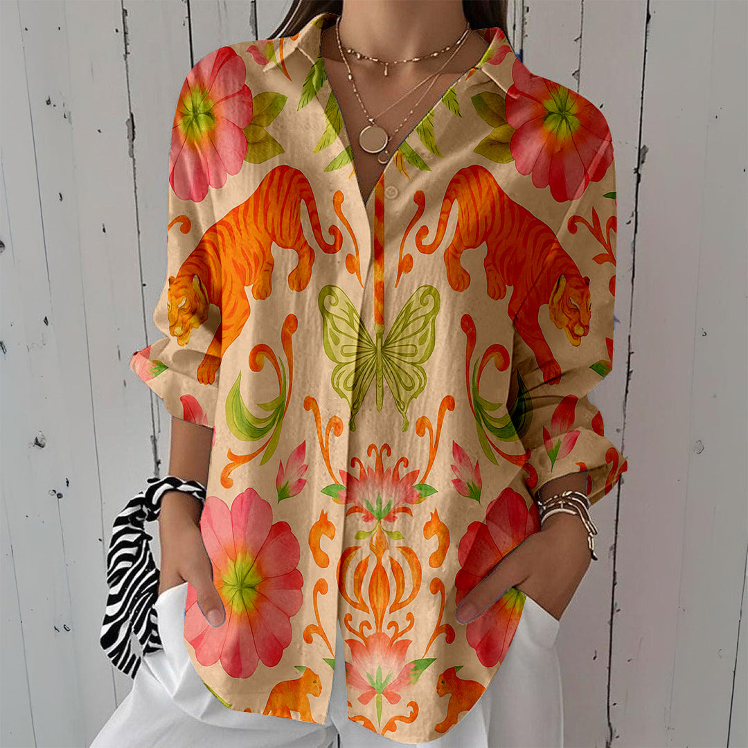 Women Long Sleeve V-neck Graphic Floral Printed Top