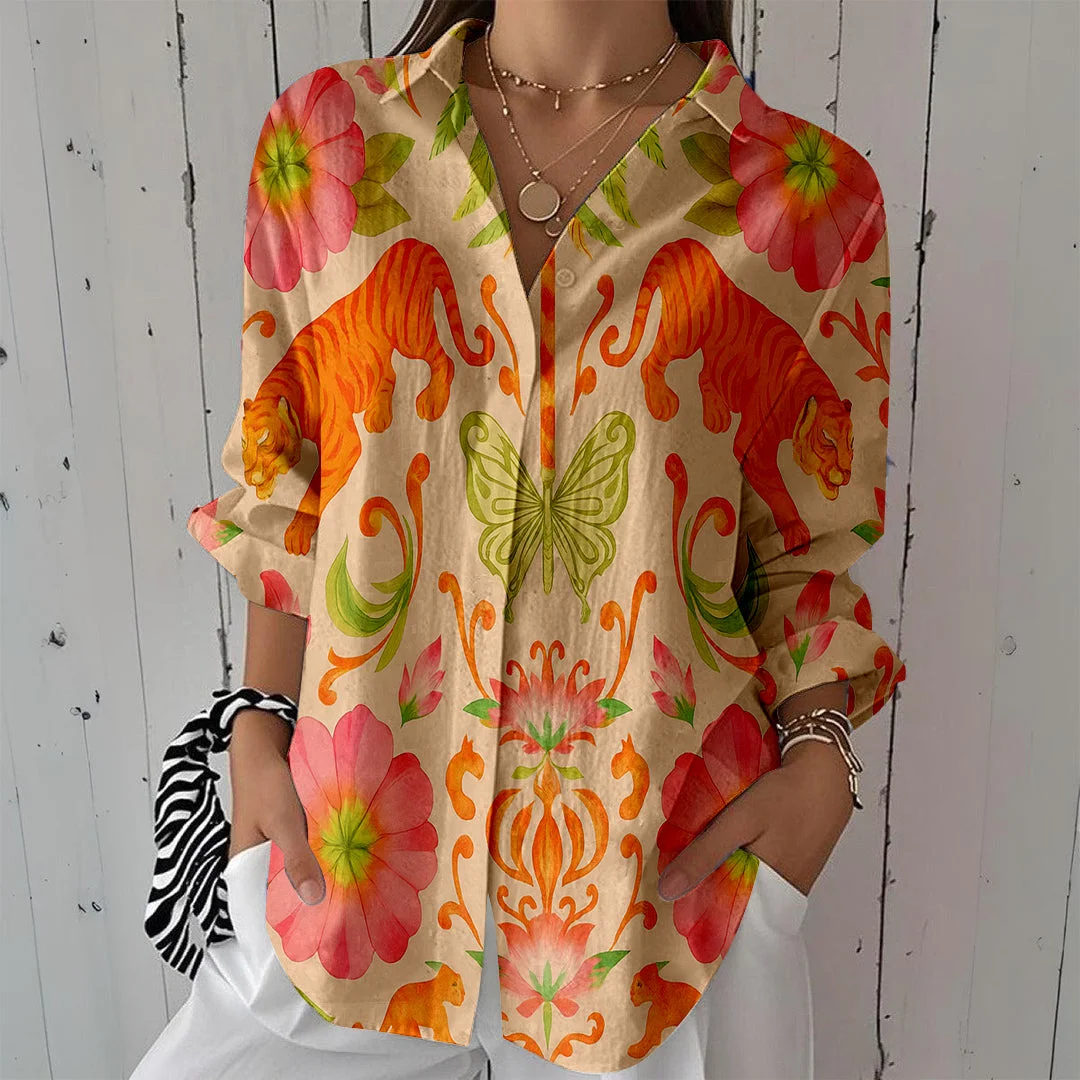 Style & Comfort for Mature Women Women Tropical, Animals, Pink DZCL0097 3/4 Sleeve Shirt Collar Printed Button Tops