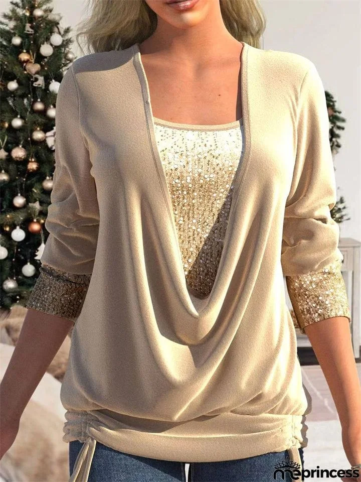 Women's Luxury Contrast Color Sequins Faux Two Shirts