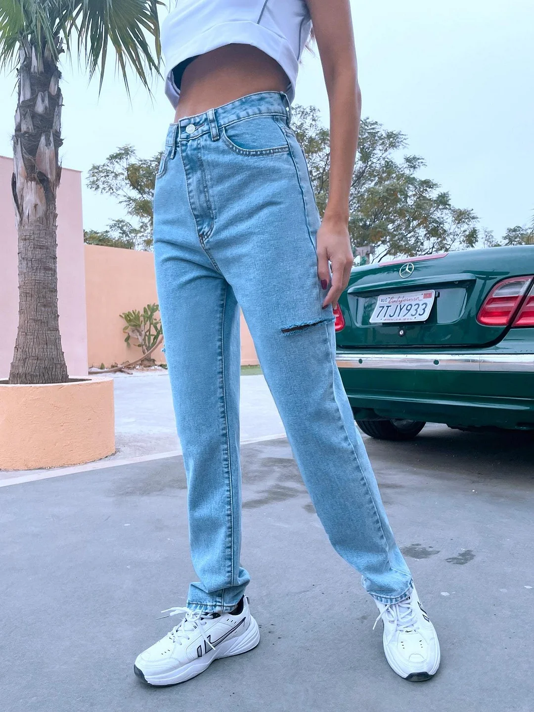 High-Waisted Ripped Solid Mom Straight Leg Jeans
