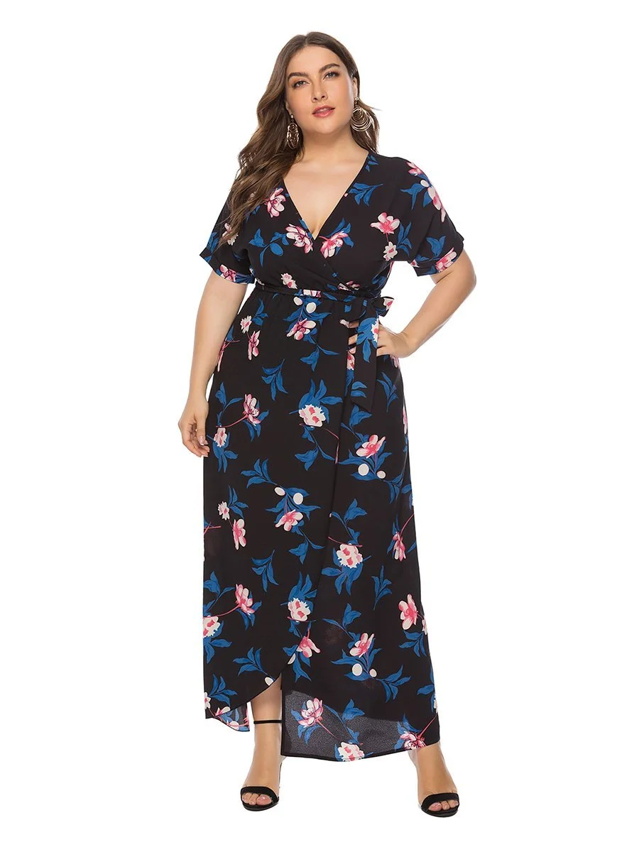 Plus Size Dress Split Floral Short Sleeve Beach Dress