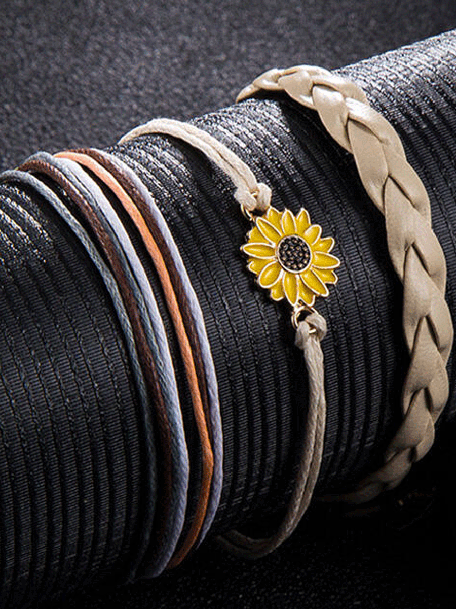 3Pcs Fashion Sunflower Woven Anklet Set