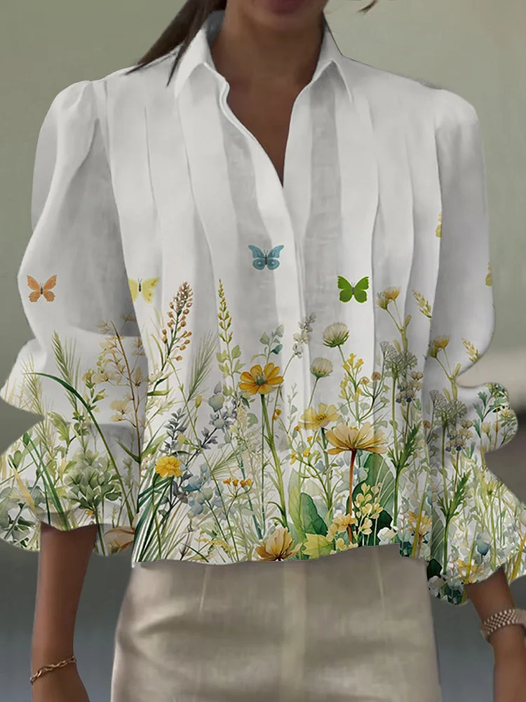 Women's Vintage Art Botanical Flower Butterfly Print Casual Cotton And Linen Shirt