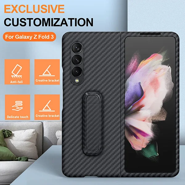 Fiber Case For Samsung Galaxy Z Fold 3\Fold 4, Slim Ultra Lightweight Scratch Resistant Durable Aramid Stand Case