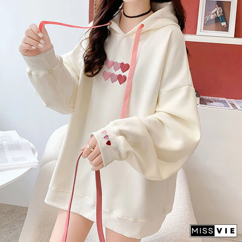 Love Heart Print Draw String Loose Hoodie