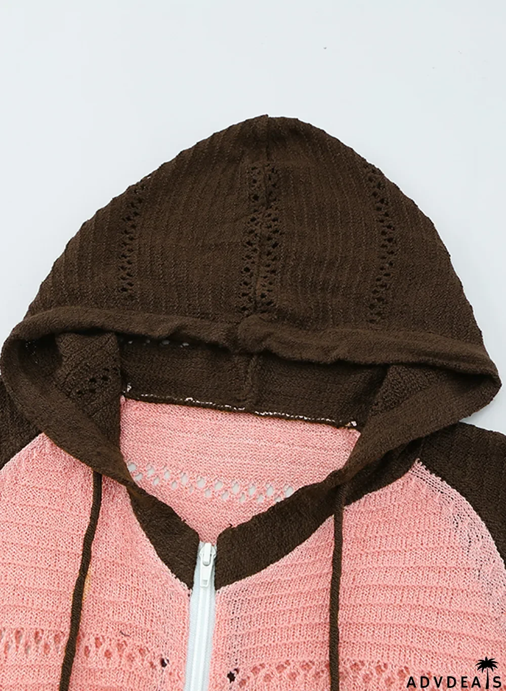 Brown Zipped Front Colorblock Hollow-out Knit Hoodie