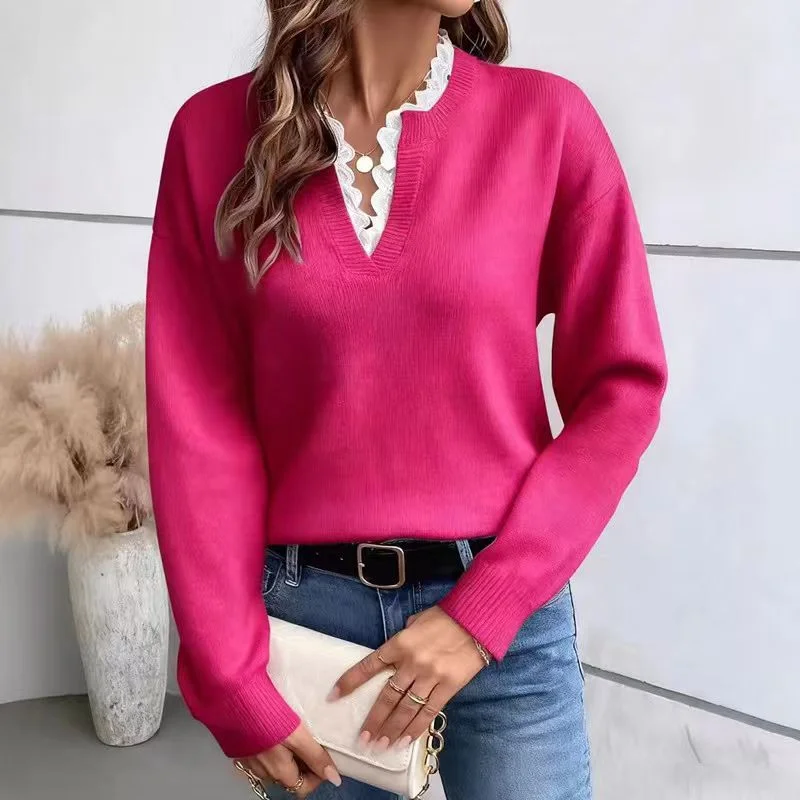 Athvotar Athvotar 2025 New Fashion Lace V-Neck Sweater Solid Color Loose Long-Sleeved Knitwear Shirt