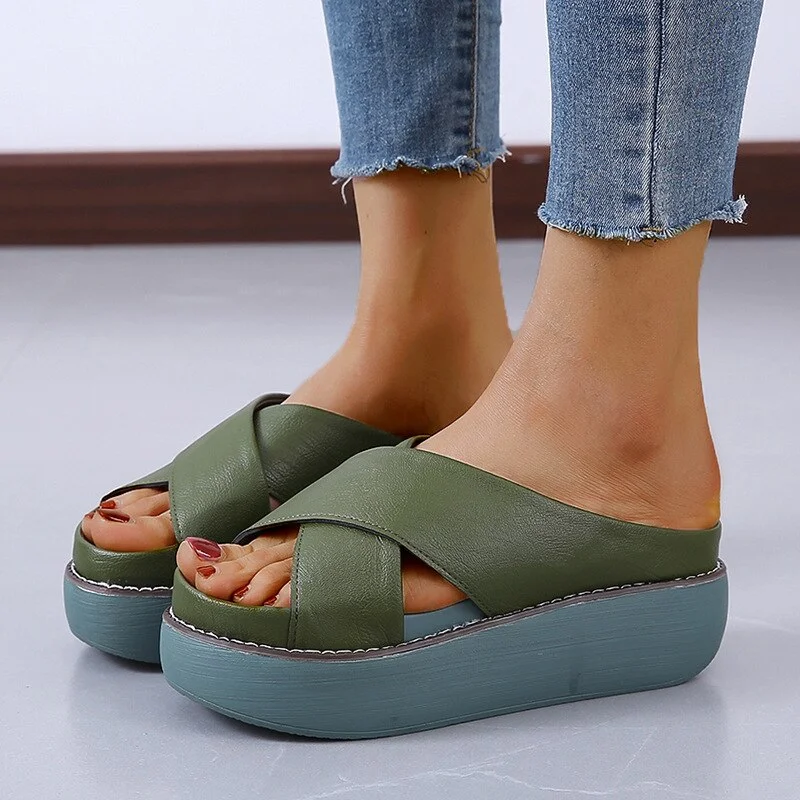 Qengg New Women's Casual Slippers Fashion Vintage Fish Mouth Wedge Sandals Platform All-match Outdoor Roman Shoes Zapatilla Mujer