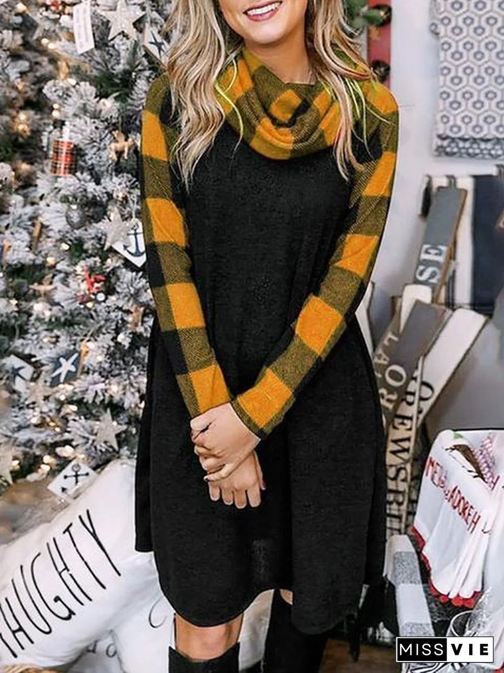 Round Neck Plaid Stitched Sweater Dress