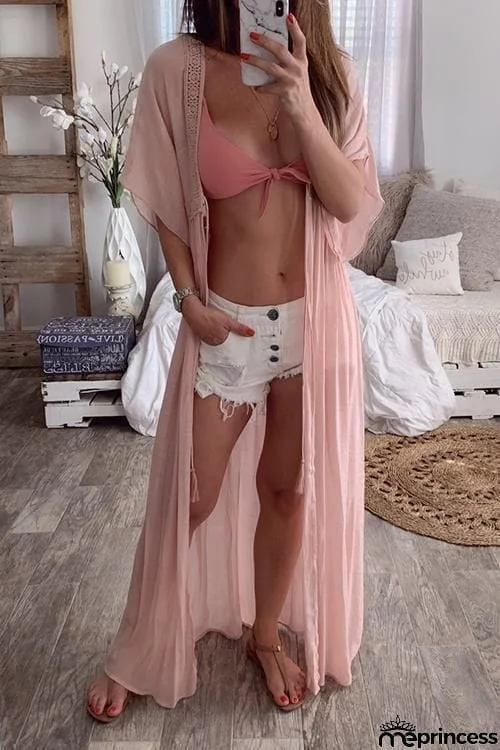 Crochet Lace Insert Long Cardigan