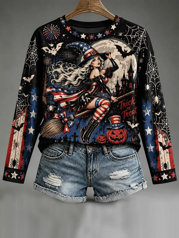 Comstylish Women's Halloween Witch Riding A Broomstick And American Art Print Crewneck Long Sleeve T-shirt