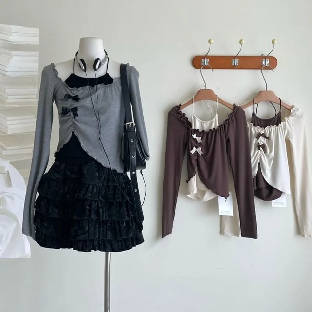 Neck Halter Asymmetrical Set Skirt Square Top Long-Sleeve A-Line / Mini Crop