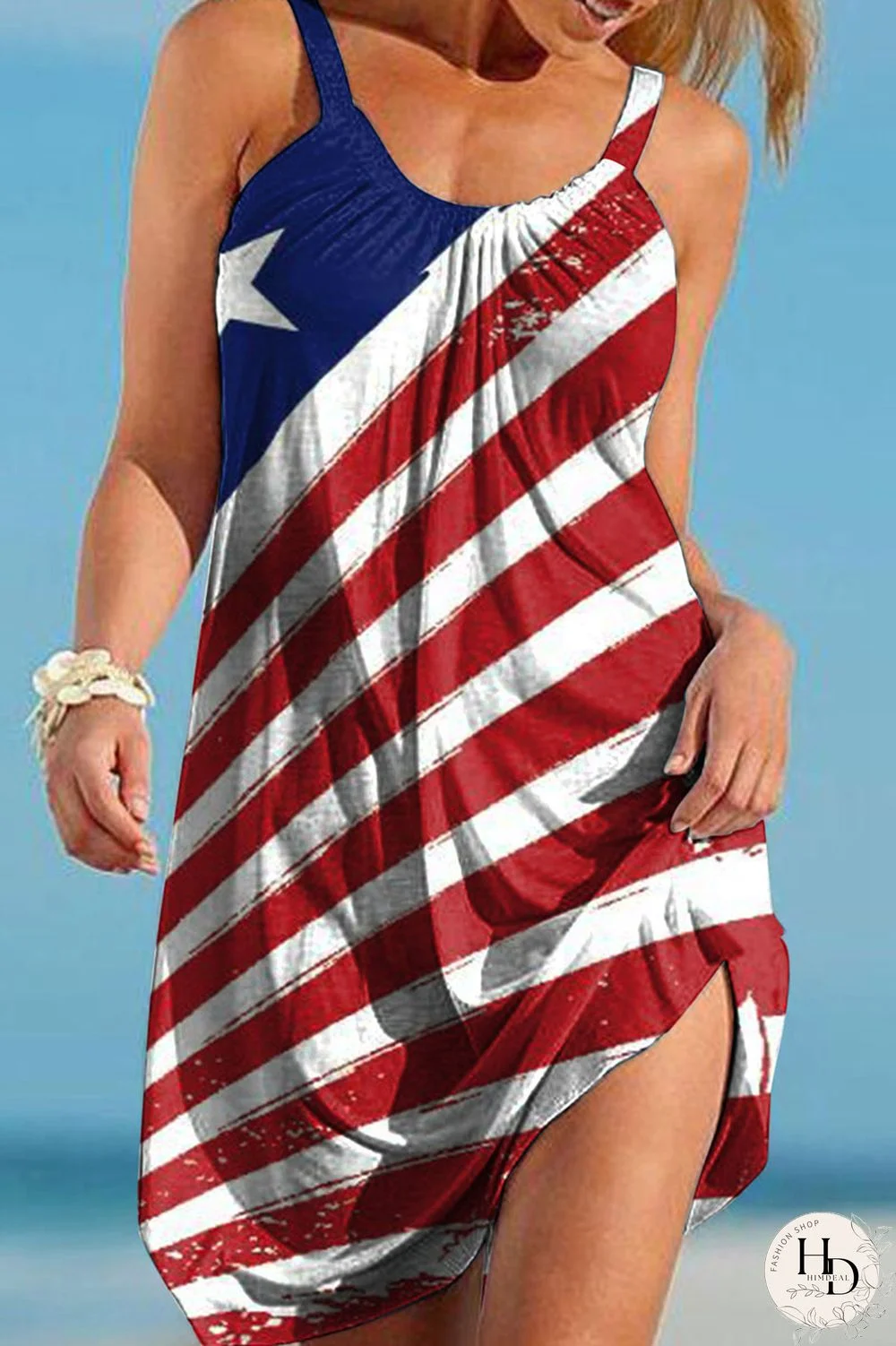 White Red Fashion Casual Print Basic O Neck Vest Dress