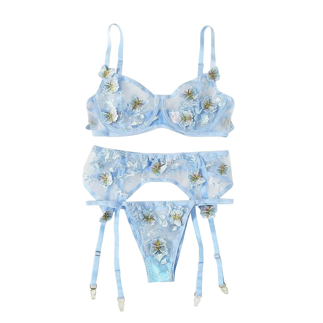 3Pcs Underwear Women Set Floral Embroidery Sexy Lingerie Mesh Perspective Bralette Bra Lingerie Set Hot Erotic Garter Brief Sets