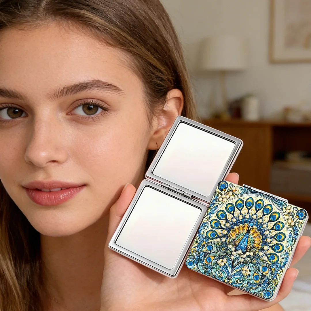 Blue Peacock DIY Special Shaped Diamond Painting Compact Mirror Kits Diamond Art Painting Pocket Mirror for Adults and Beginners