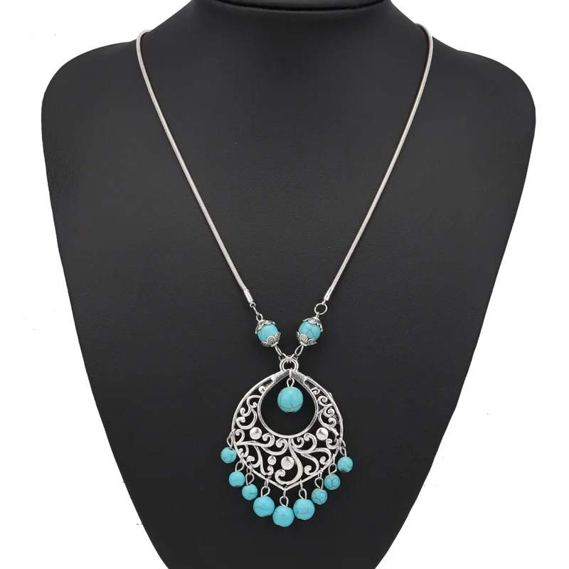 Bohemian turquoise hollow tassel carved Necklace