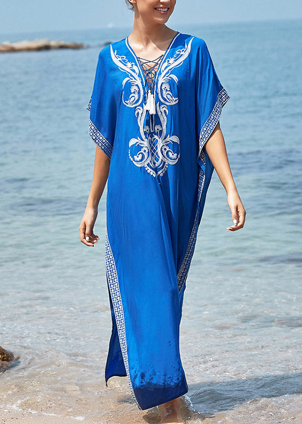 VCSHOES Blue Embroideried Floral Side Open Maxi Holiday Dress Short Sleeve