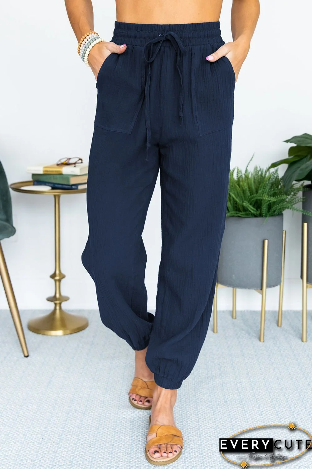 Blue Drawstring Elastic Waist Joggers with Pockets