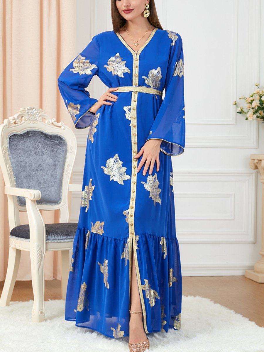 Chiffon Golden Print Split Long Sleeve V Neck Gown | Oxredo Shop Ramadan Sale