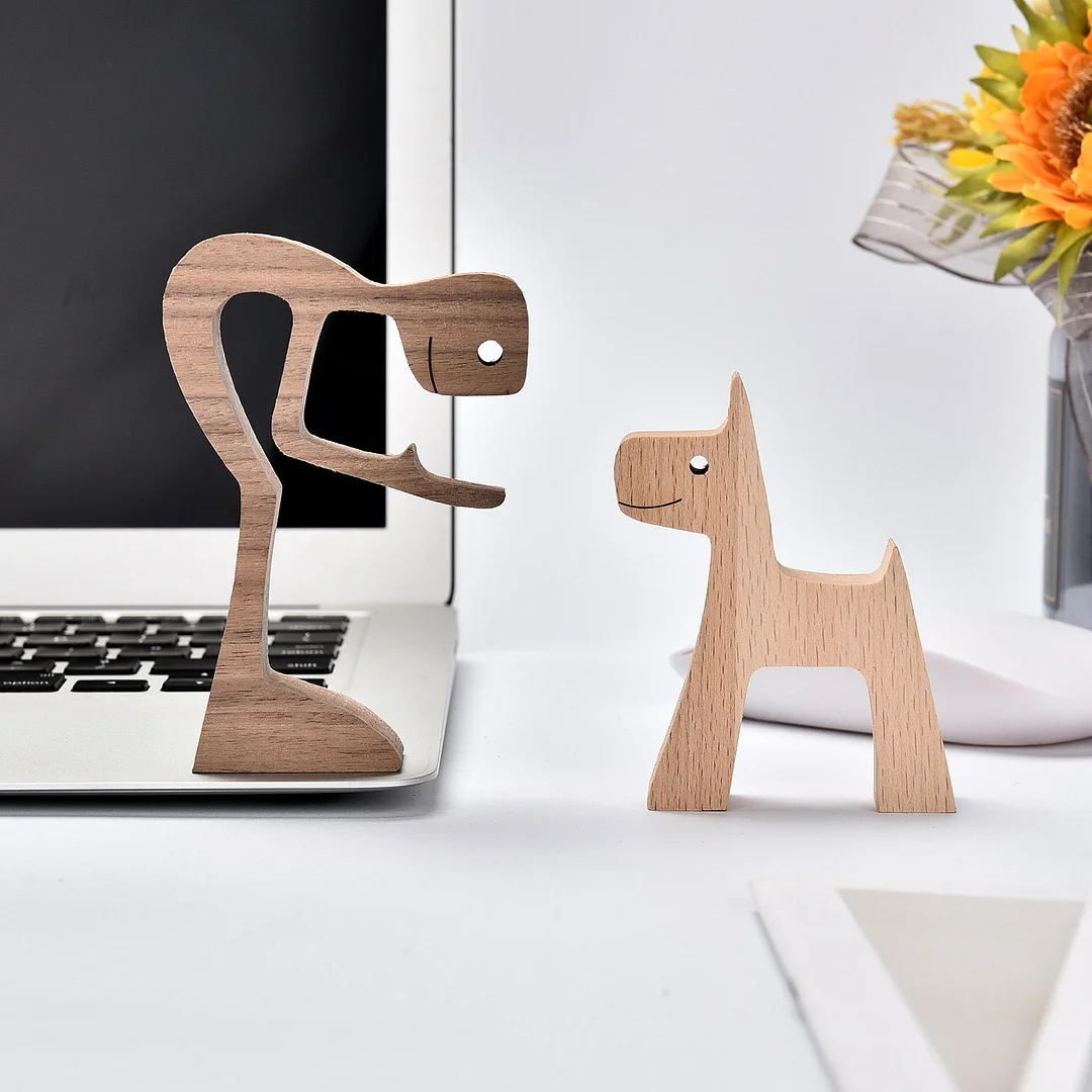 Handmade Wood Dog Decor Sculptures Craft Creative Figurine Ornement Decoration For Bedroom Home Office Decor Gift Natural