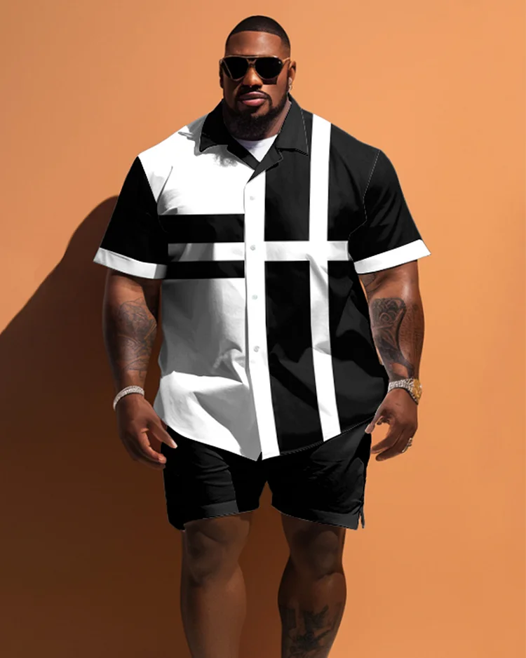 Men's Large Size Simple Contrast Color Geometric Pattern Short Sleeve Shirt Shorts Set