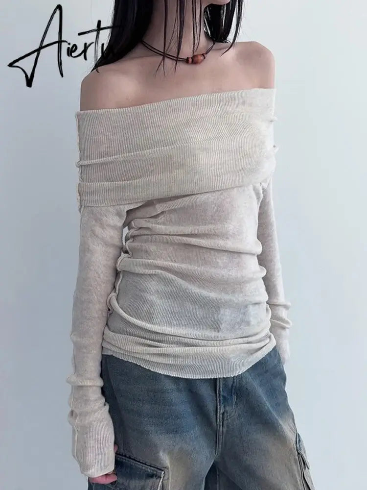 Aiertu  Elegant Casual Solid T Shirt Basic Slash Neck Long Sleeve Tees Women Autumn Spring Fashion Ladies Streetwear Lady Aiertu