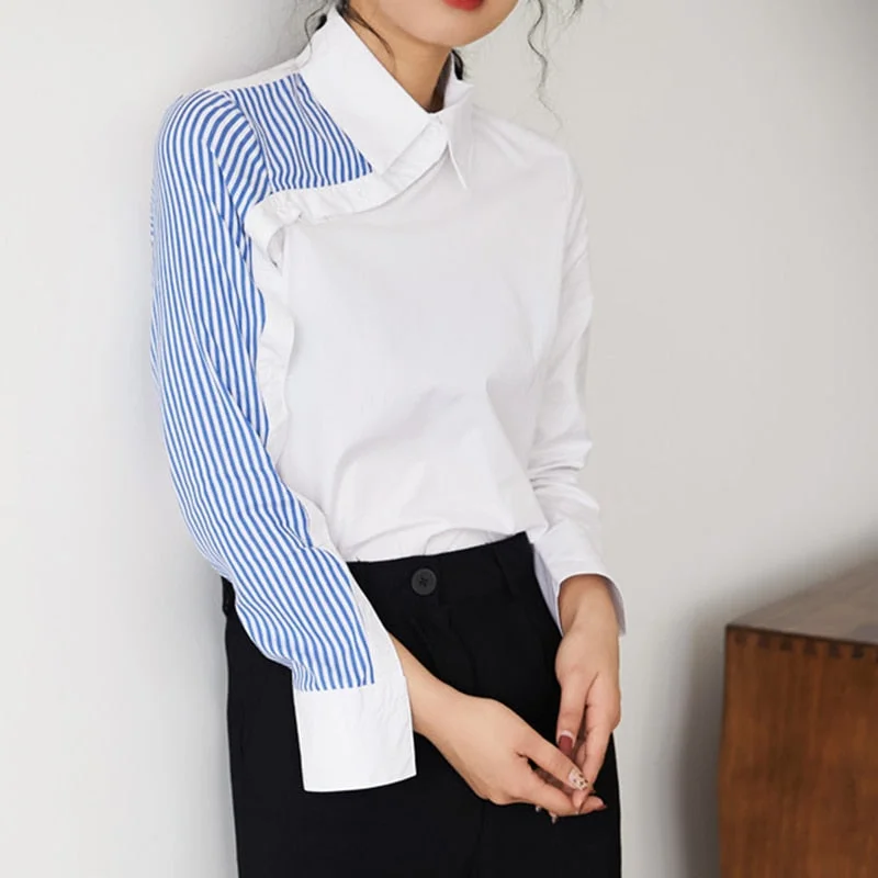 Tlbang Arrival Women Turn Down Collar White Shirt Blouse Striped Patchwork Elegant Chic Korean Style Feminina Blusa T9O908F