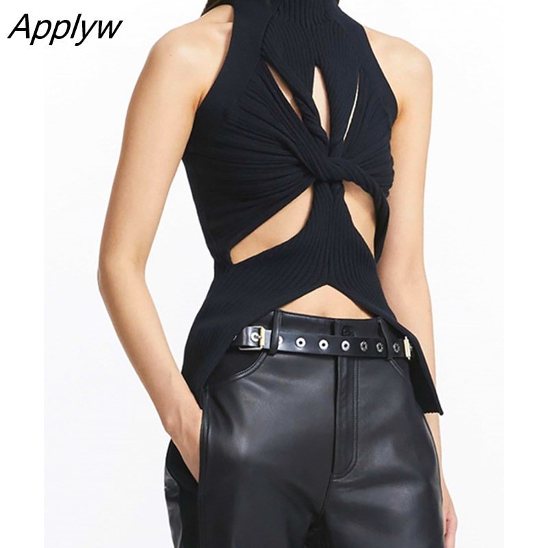Applyw 2023 Summer Women's Knitted Tops New Fashion High Collar Hollow Out Kink Sleeveless Solid Color Tank Tops Female 17A849
