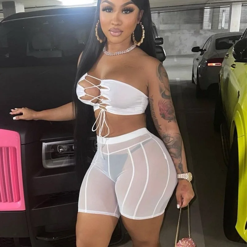 Hugcitar High Waist Mesh See Through Revealing Sexy Mini Shorts 2022 Spring Women Fashion Streetwear Beach Swiming Party Club