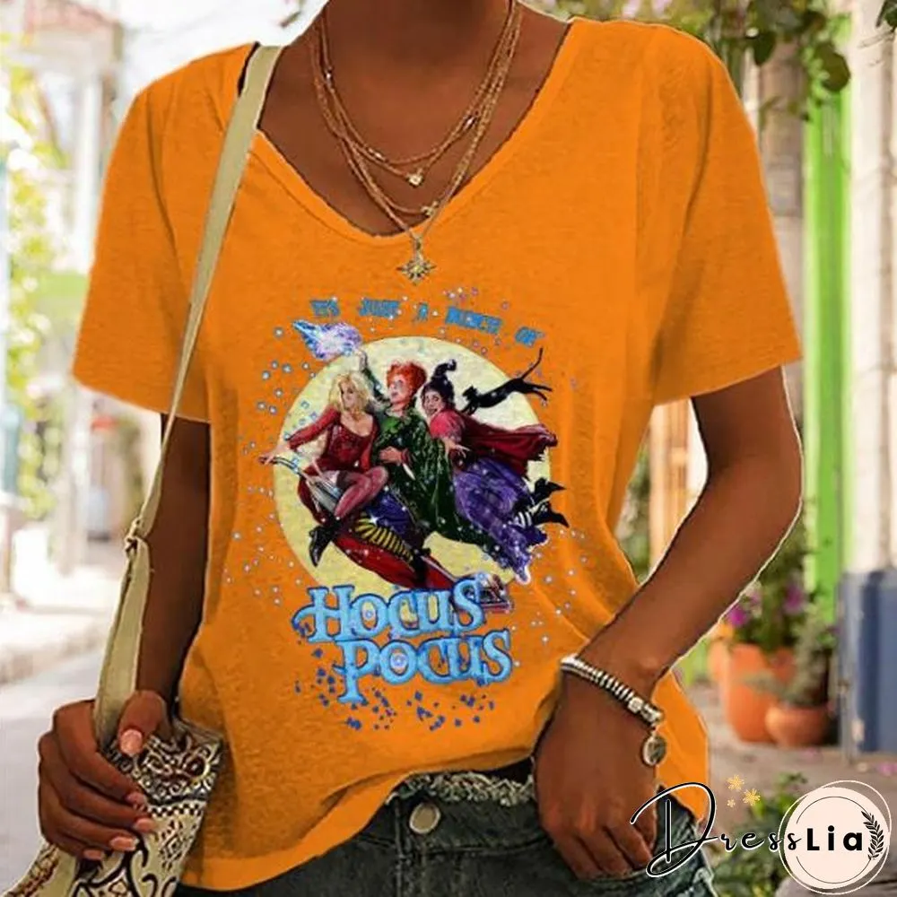 V Neck Women Witch Pattern Letter T-Shirt
