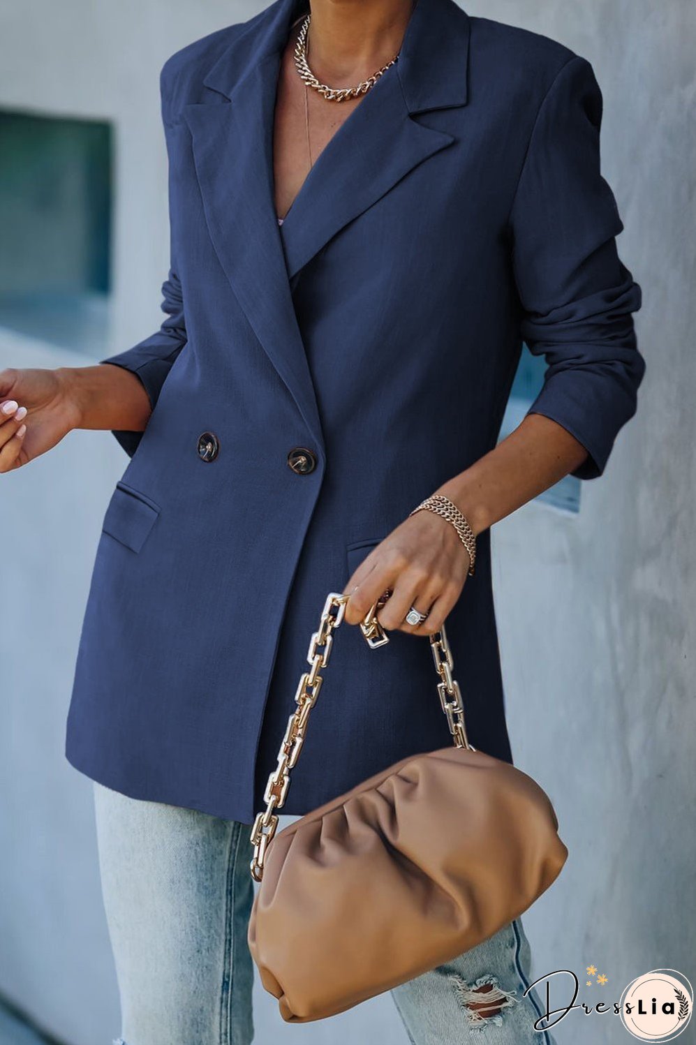Double-Breasted Padded Shoulder Blazer with Pockets