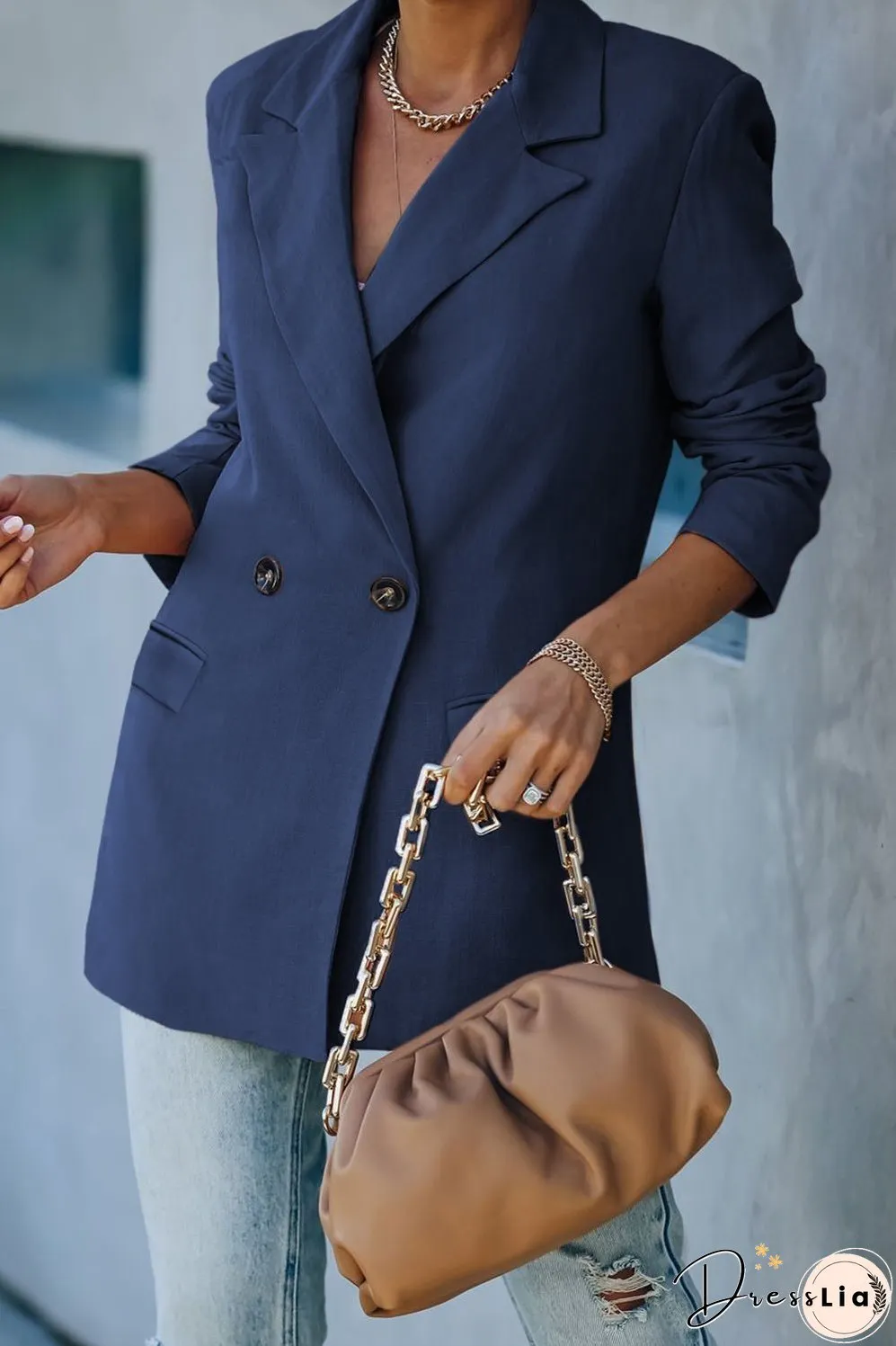 Double-Breasted Padded Shoulder Blazer with Pockets