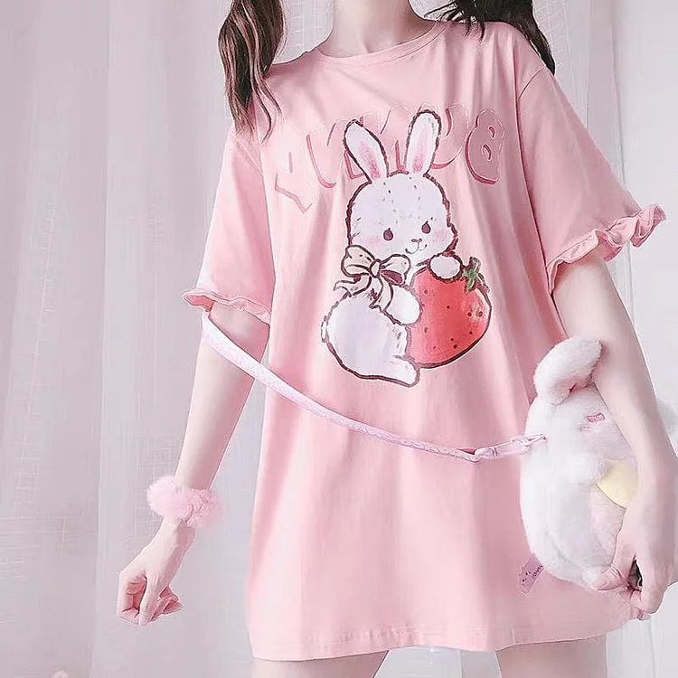 Pink Strawberry Rabbit Wave Sleeve T-shirt SP15060