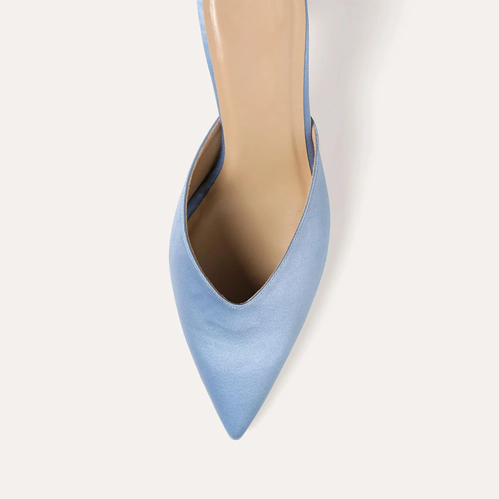 Fashion Blue Closed Pointed Toe Open Back Slip On High Heel Mules
