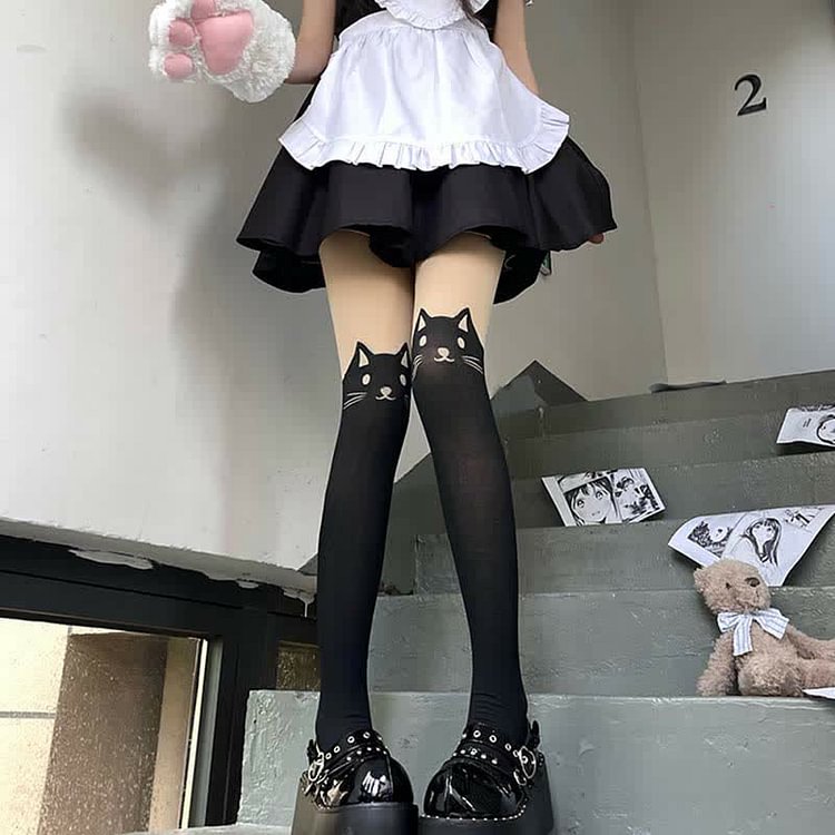 Cute Cartoon Kitty Print Lolita Stockings Tights - Modakawa Modakawa