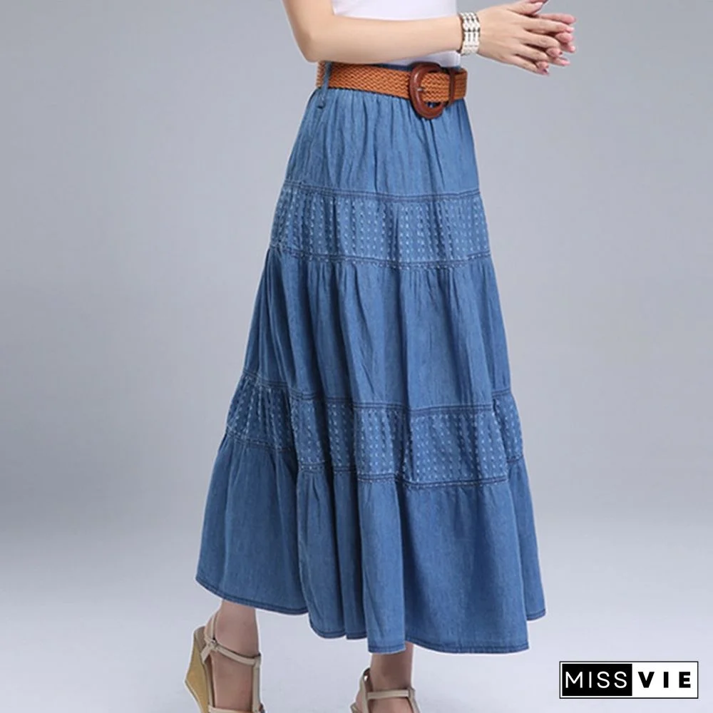 Women Summer Denim Skirts High Waist Plus Size Long Skirt Vintage Solid Color A-Line Jean Skirt With Belt Spring