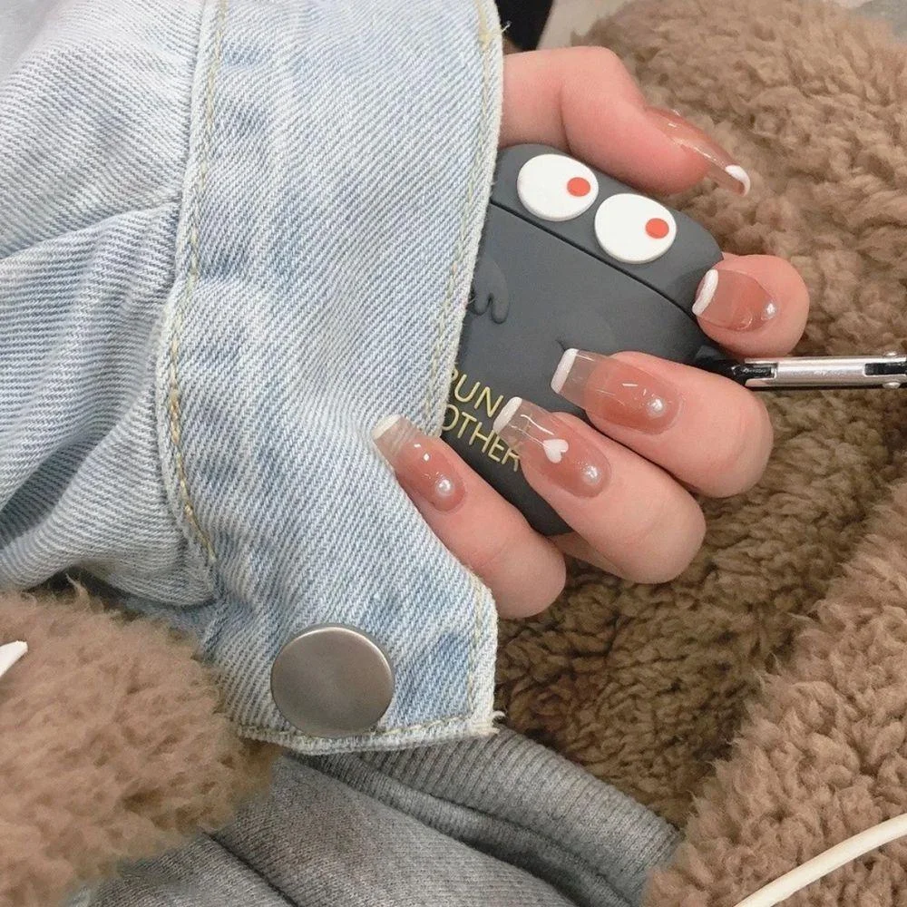 24Pcs Long Ballerina False Nail Love Pattern French Coffin Fake Nails Full Cover Wearable DIY Manicure Tools Press On Nails 1029-Nail Inspo