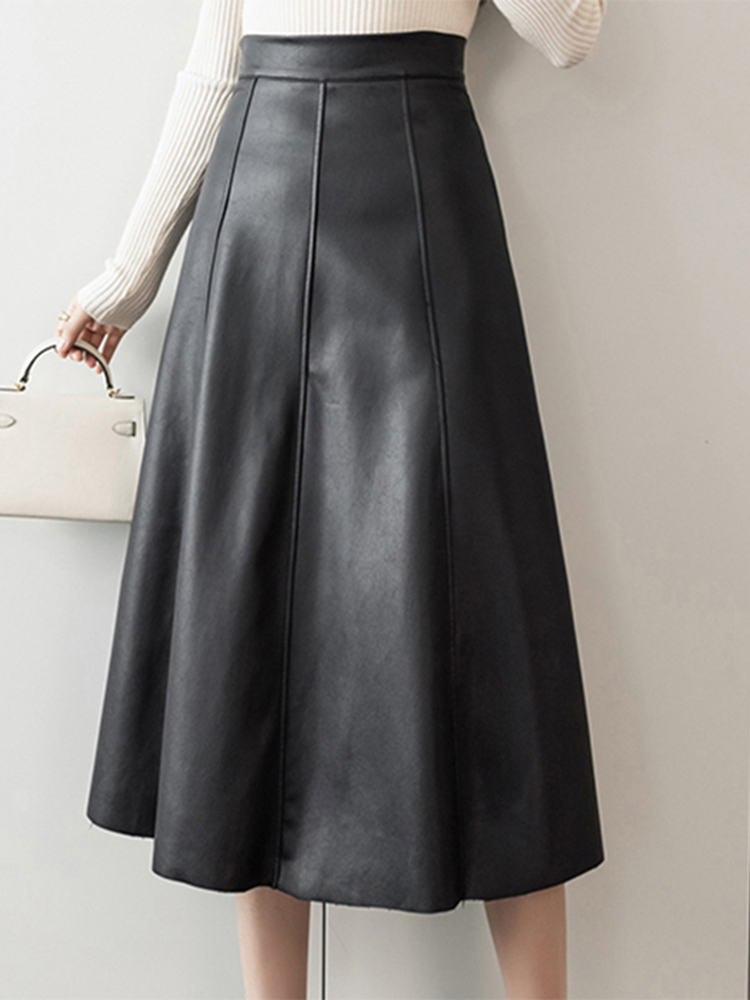 ZANZEA Elegant High Waisted Party Falda High Waist Skirt Women PU Leather Midi Jupes  Autumn Solid Office Lady Skirt
