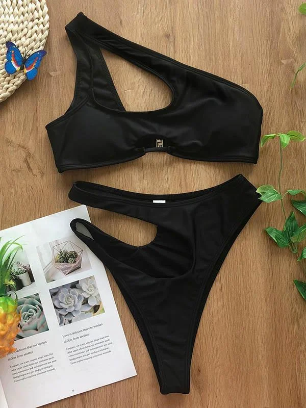 Asymmetric Solid Color Hollow Split Bikini Swimsuit