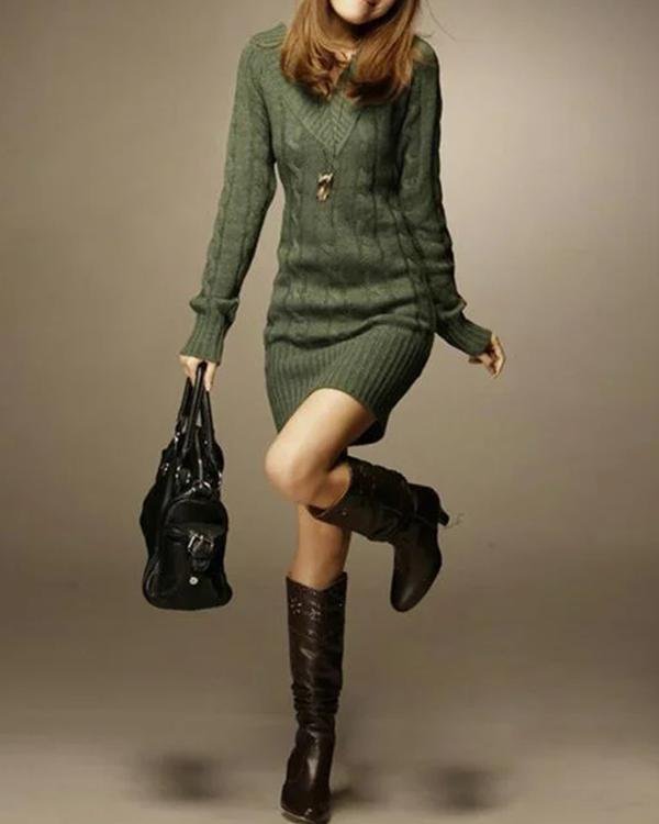 V neck Women Casual Long Sleeve Knitted Cable Plain Casual Dress