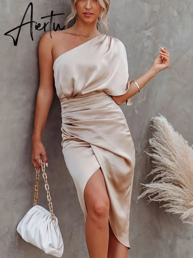 One Shoulder Ruched Midi Women Party Satin Dress Christmas Irregular Flare Sleeve Sexy Green Silk Elegant Aiertu