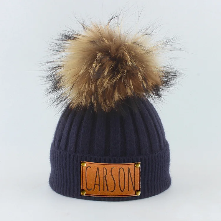 Personalized Knitted PomPom Hat(Vegan Leather Patch)