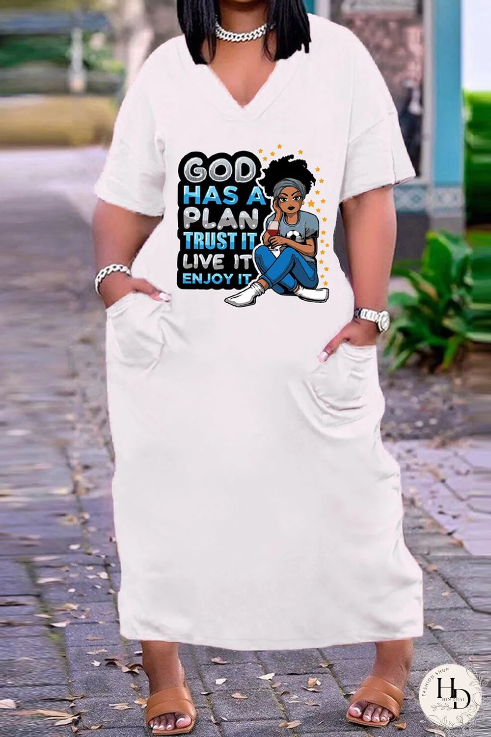 Rose Brown Fashion Casual Plus Size Print Basic V Neck Short Sleeve Dress