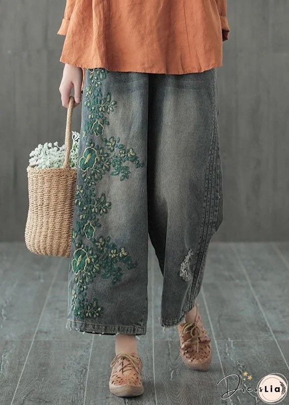 Vintage Blue Embroideried Cotton Ripped Jeans Pants Fall
