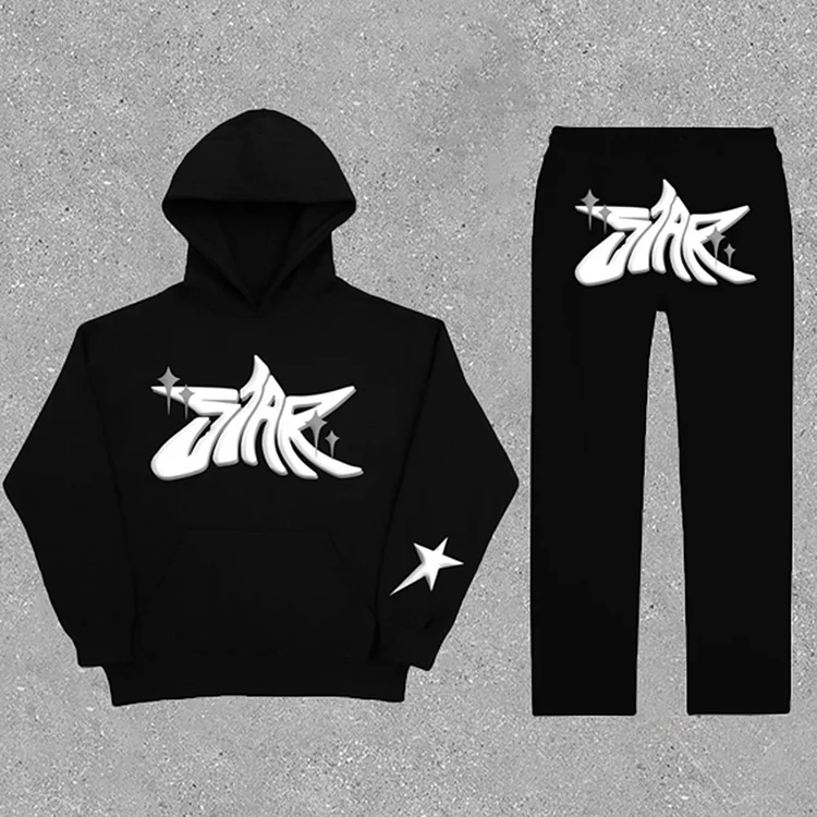 “STAT” Sweat Puff Print Fleece-lined Tracksuit Two Piece Set
