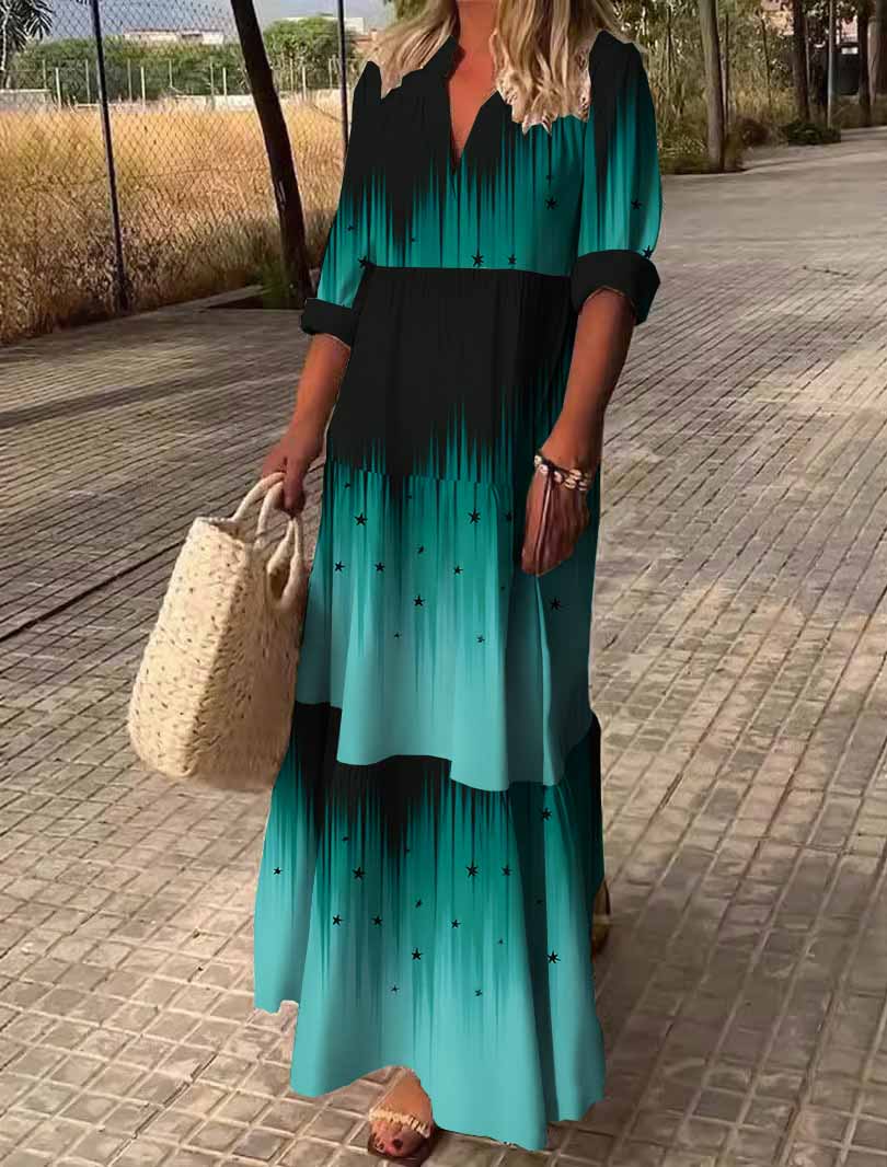 Women Green, Gradient DZDN0065 SPU Printed Long Sleeve V-neck Maxi Dress