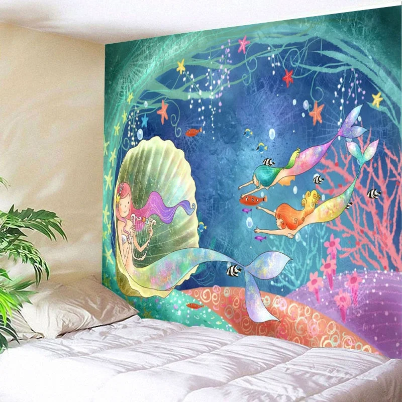 Mermaid Tapestry Wall Fabric Underwater World Hippie Mandala Tapestry Wall Hanging Bohemia Children's Room Tapiz Wall Decoration