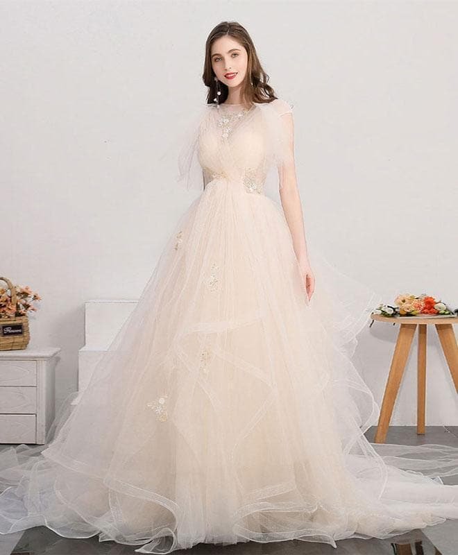 Champagne Round Neck Tulle Lace Long Prom Dress, Tulle Evening Dress