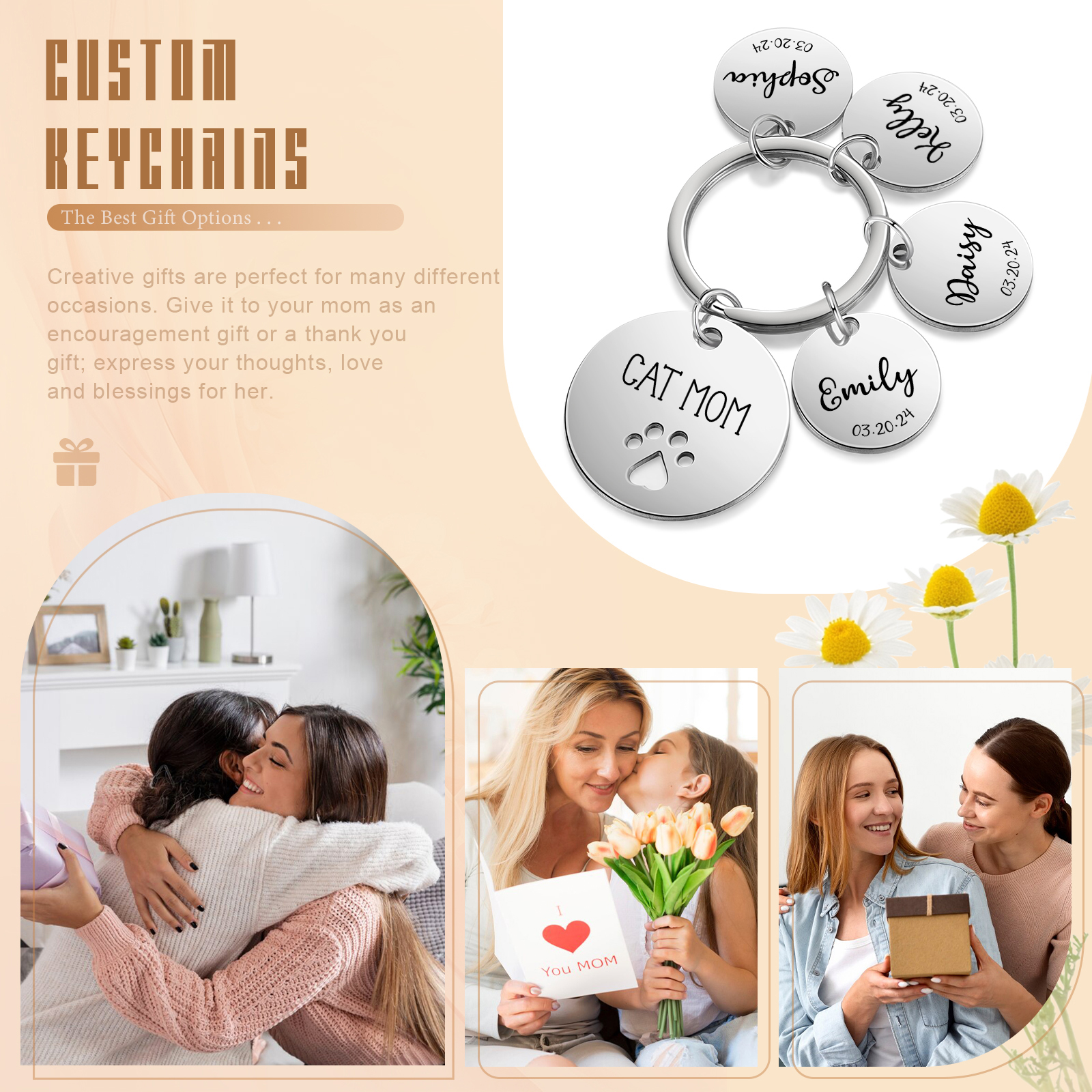 Personalised 4 Names & 4 Dates & 1 Text Keychain Cat Paw Circle Charm Keychain Gifts for Mother/Grandma-Jessemade AU