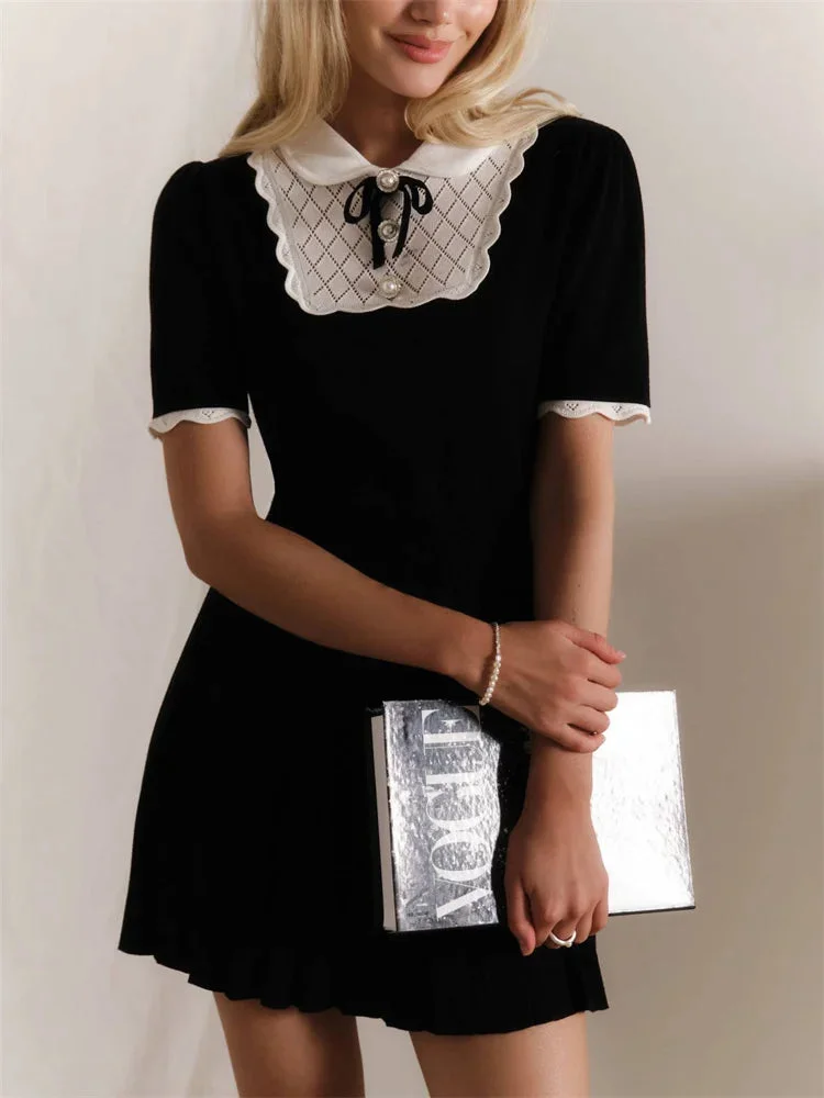 Toloer Black Ruffled Short Sleeve Collar Mini Dress-Outfit Ideas